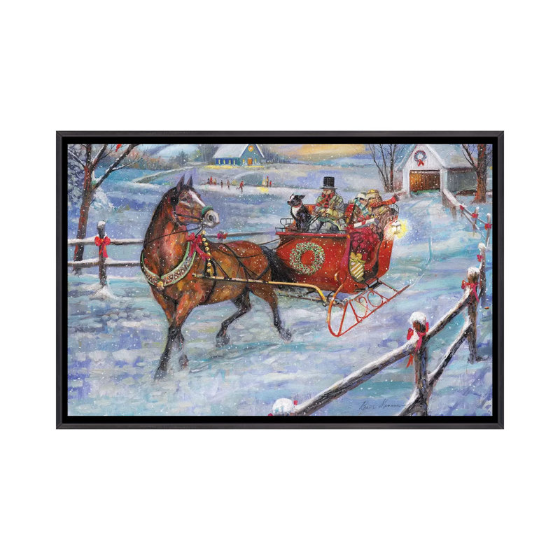 «Sleigh Bells» par Ruane Manning - reproduction d'art, H 32 po x l 48 po x 1,5 po, Toile avec cadre noir patiné, Aucun mat