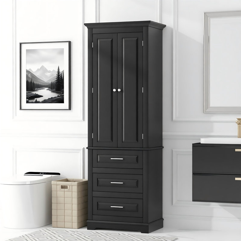 Grande armoire de rangement avec trois tiroirs pour salle de bain / bureau, noir, Black