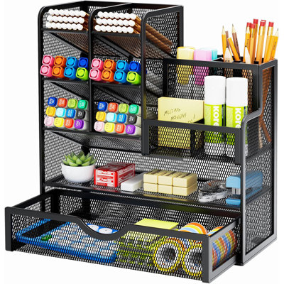 Inbox Zero Mesh Pen Holder for Desk, Multi-Functional Pencil Organizer with Drawer
