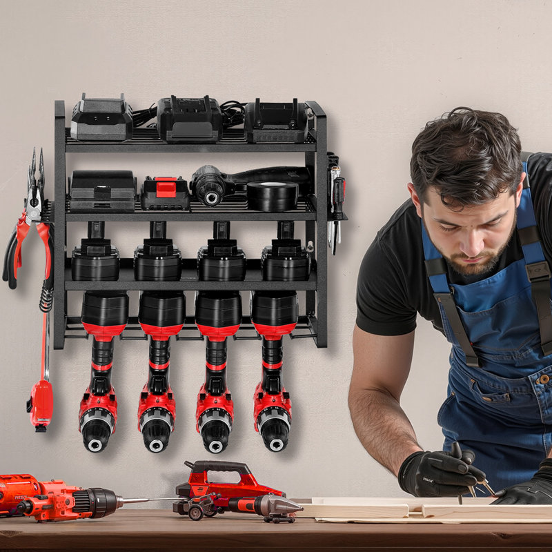 Power Tool Organizer Wall Mount 4-Layer Drill Storage Rack 4 Drill Holders