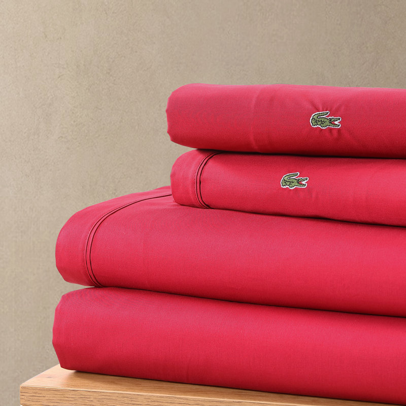 Lacoste Cotton Percale Sheet Set, Cooling & Breathable Bedding, Deep Pocket Fitted Sheet, Chili Pepper, King, Chili Pepper