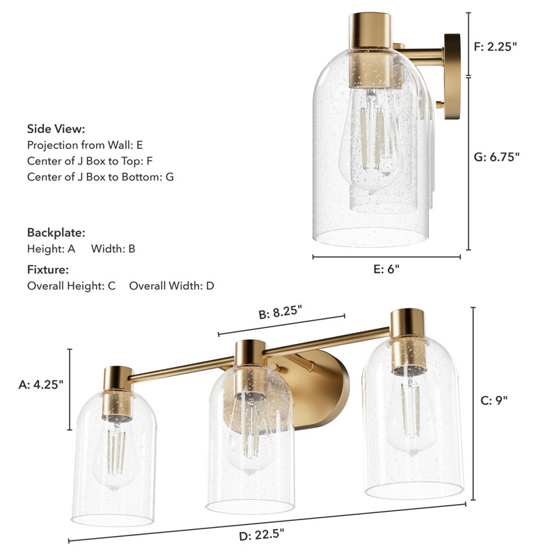 Hunter Lochemeade 3 Light Vanity Wall Light Fixture, Clear, Gold