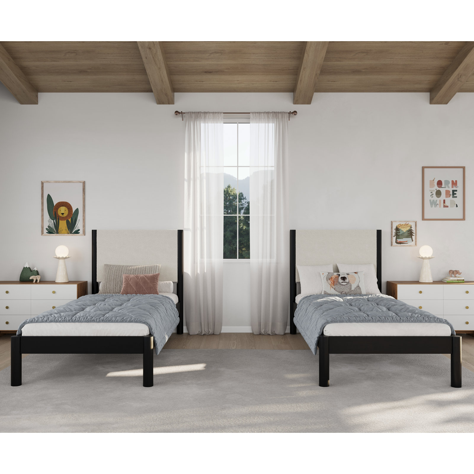 Ardin Solid Wood Bed Frame With Cream Boucle Upholstered Headboard, Twin, Black