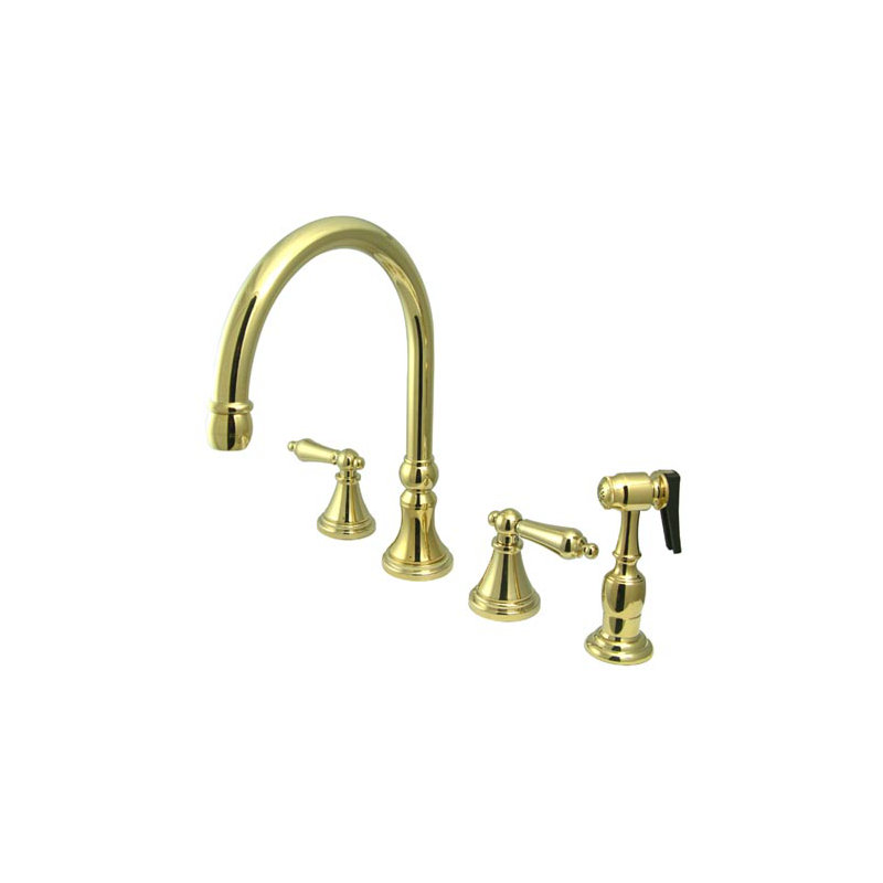 12" Deck Mount Double Handle Widespread Kitchen Faucet with Accessories, Polished Brass