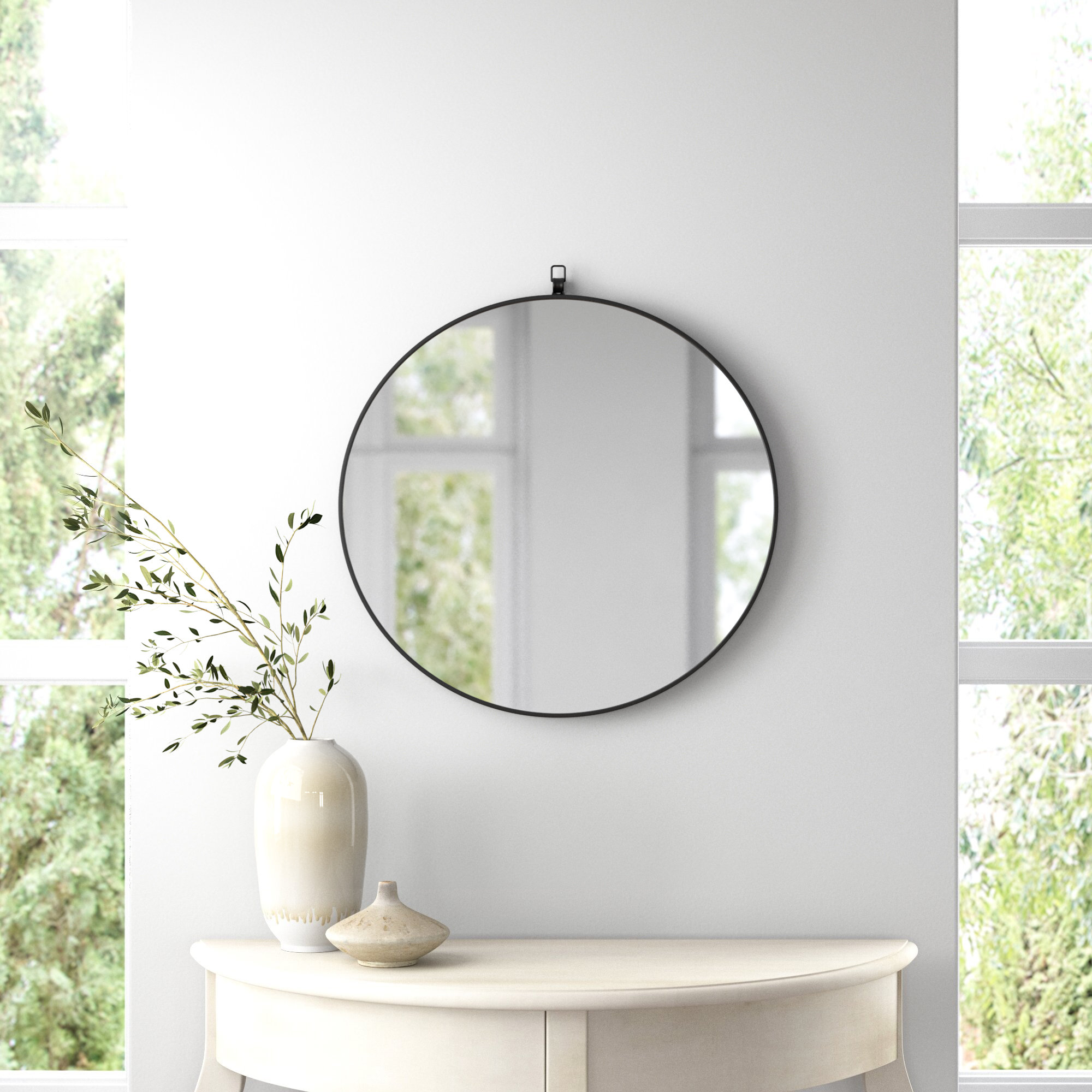 Cassie Metal/Manufactured Wood Round Wall Mirror, Black, 21" x 21"