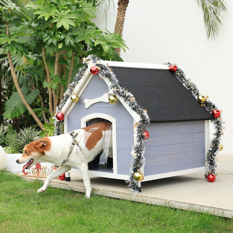 33''  Wood Dog House Wooden Dog Polymer Reinforced Weatherproofing Roofing Resistant Kennel for Outdoor, Gray