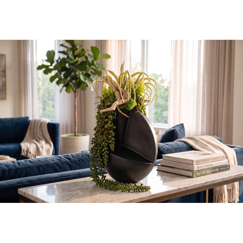 Arrangement de minuit succulent Midnight Elegance | Vase en métal noir, centre de table contemporain