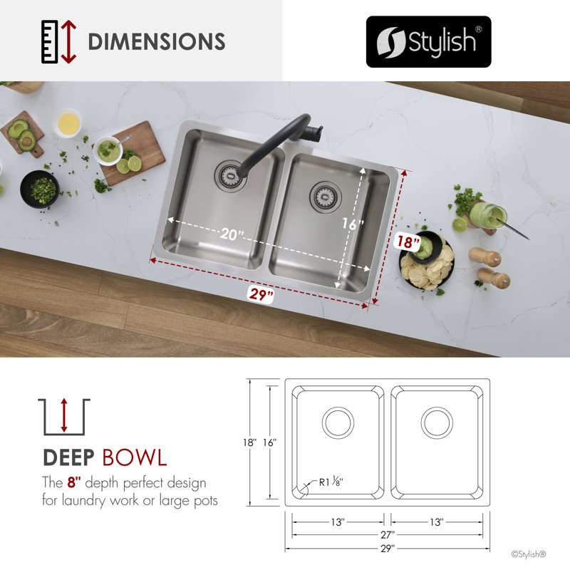Dual-mount 29 inch Stainless Steel Double Bowl Kitchen Sink