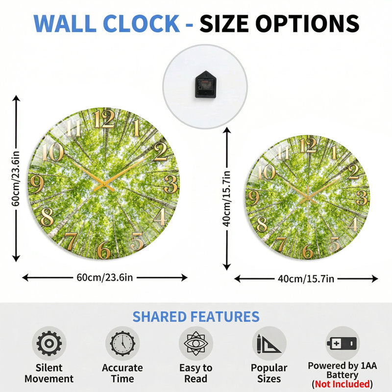 Horloge murale décorative en bois Forest Forest, 60 x 60 cm (23,6 x 23,6 pouces)