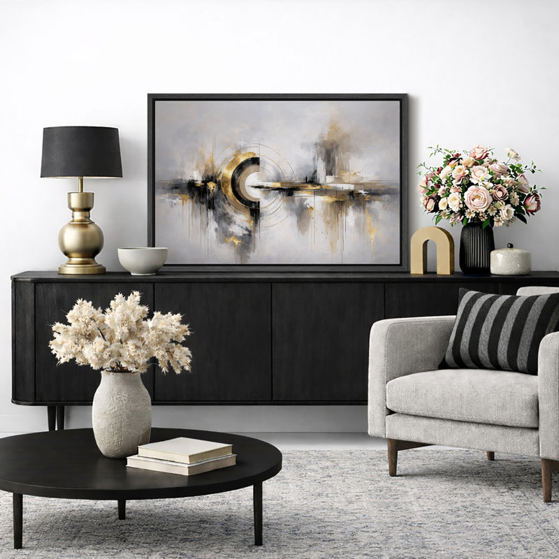 Œuvre abstraite, composition circulaire géométrique, photos de salon moderne, impression sur toile encadrée, Cadre noir