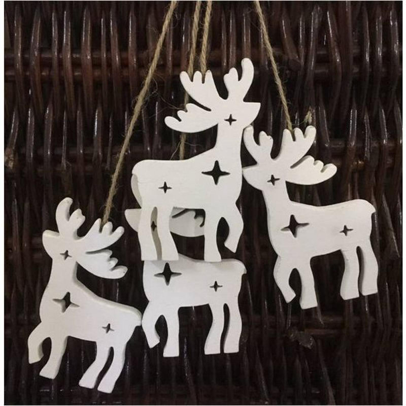 Ensemble de 4 décorations de Noël renne suspendu en bois blanc