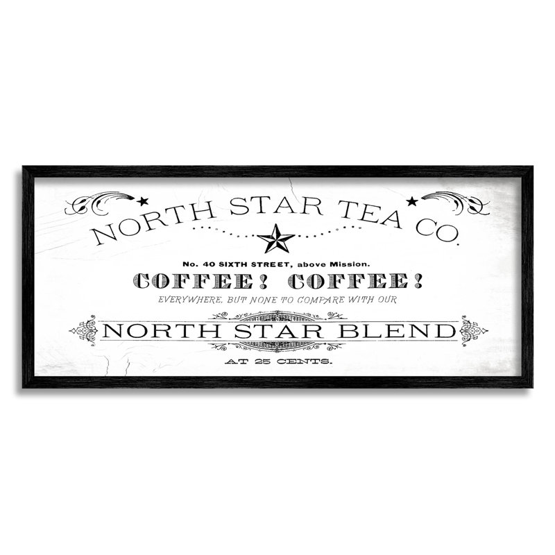 «North Star Tea Coffee», estampe numérique vintage par Lil 'Rue, H 13 po x l 30 po x P 1,5 po, Giclée encadrée noir minuit