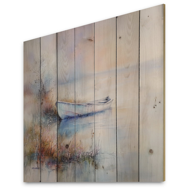 «Minimalist Boat Reflection By The Late I», art mural moderne sur bois de pin naturel, H 15 po x l 15 po