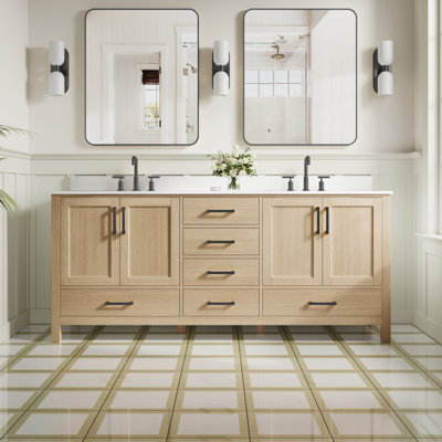 Freestanding 80" W x 35" H Solid Wood Bathroom Vanity With Carrara White Cultured Marble Countertop And Ceramic Double Sink,Oak
