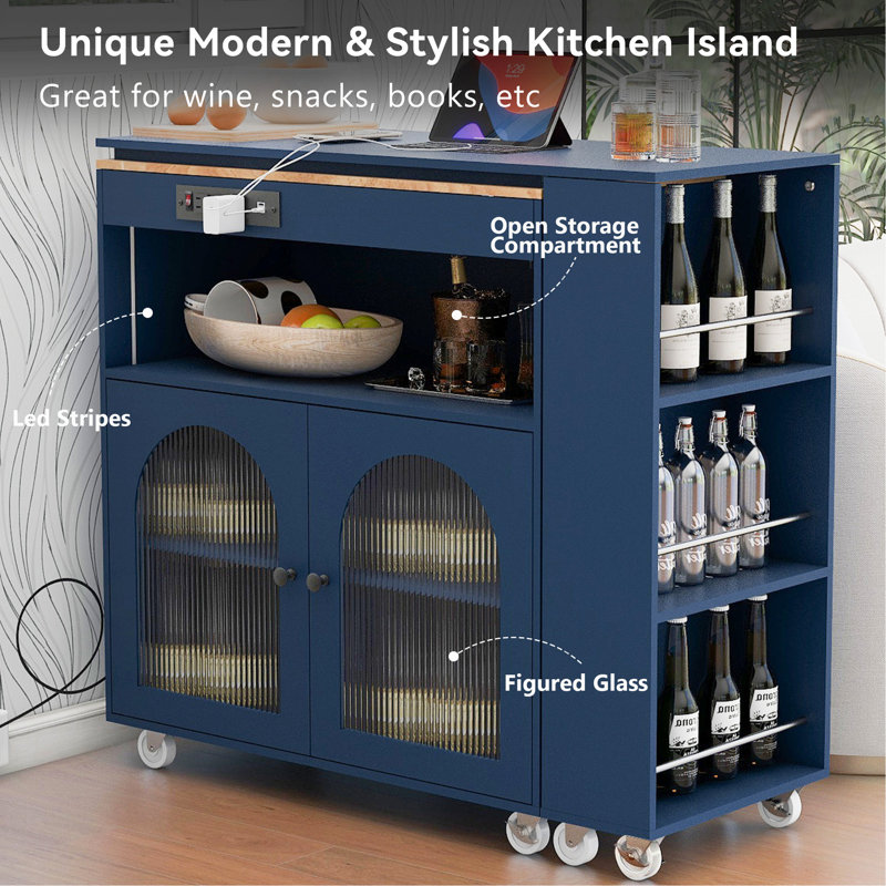 Navy Blue Rolling Kitchen Island with Fluted Glass Doors