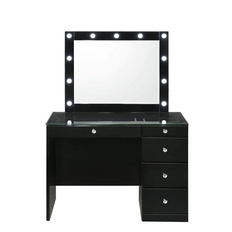 Meuble-lavabo noir Ana avec miroir lumineux à DEL, 5 tiroirs, cristal, plateau en verre trempé de 8 mm, pièce décorative