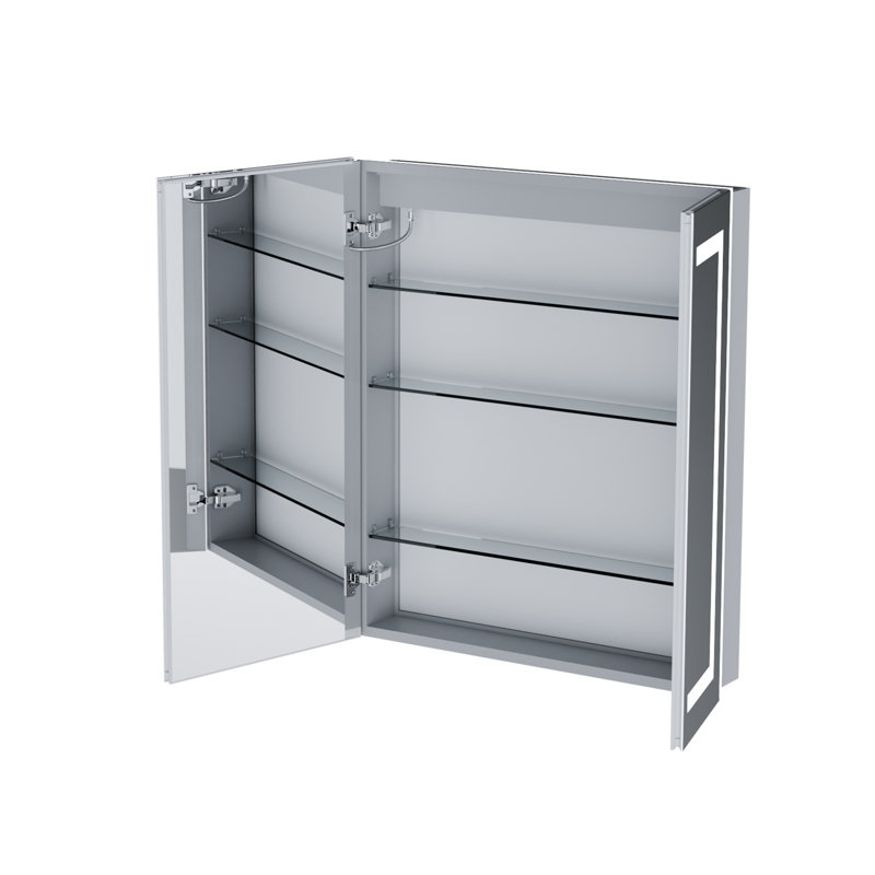 Armoire à pharmacie avec miroir DEL, éclairage antibuée avant et arrière, cadre en aluminium, montage encastré ou en saillie.