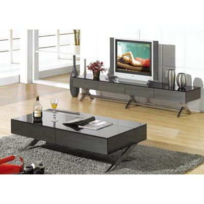 Dark Gray Mirror Glass Tv Stand With Coffee Table Living Room Set