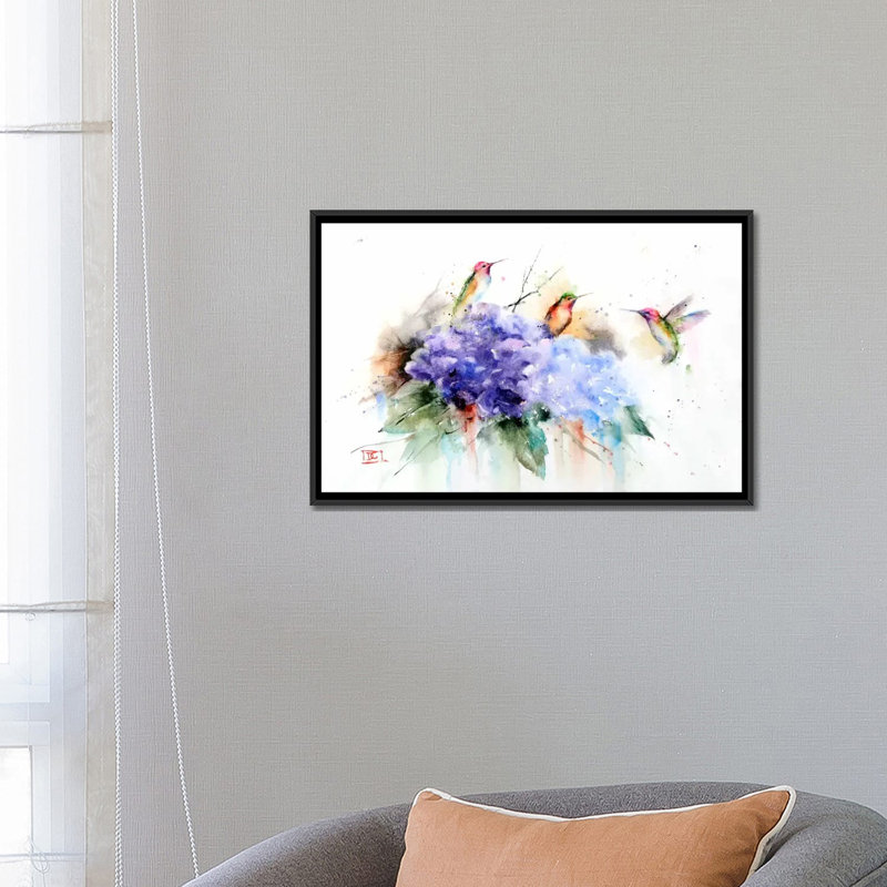 «Three Hummingbirds», peinture sur toile, H 18 po x l 26 po x P 1,5 po, Toile avec cadre noir, Pas de tapis