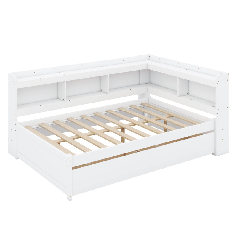 Lit plateforme avec bibliothèque en L et 2 tiroirs de rangement, tête de lit en bois avec bibliothèque, Double, Blanc
