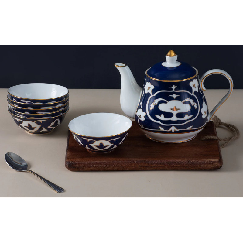 Service à thé en porcelaine ouzbek 7 pièces en bleu cobalt et or 