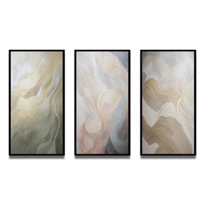 " Gold And Grey Line Art In Motion " 3 - Pieces on Canvas