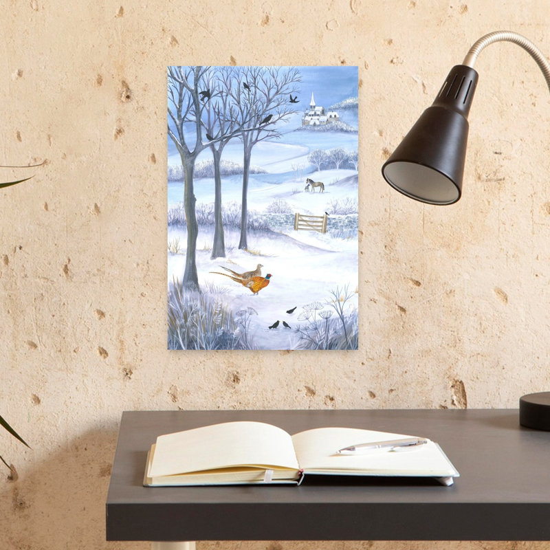 «Beauty of a Winter Landscape», reproduction d'art contemporain, paysage d'oiseaux, cheval, forêt, 18" H x 12" W