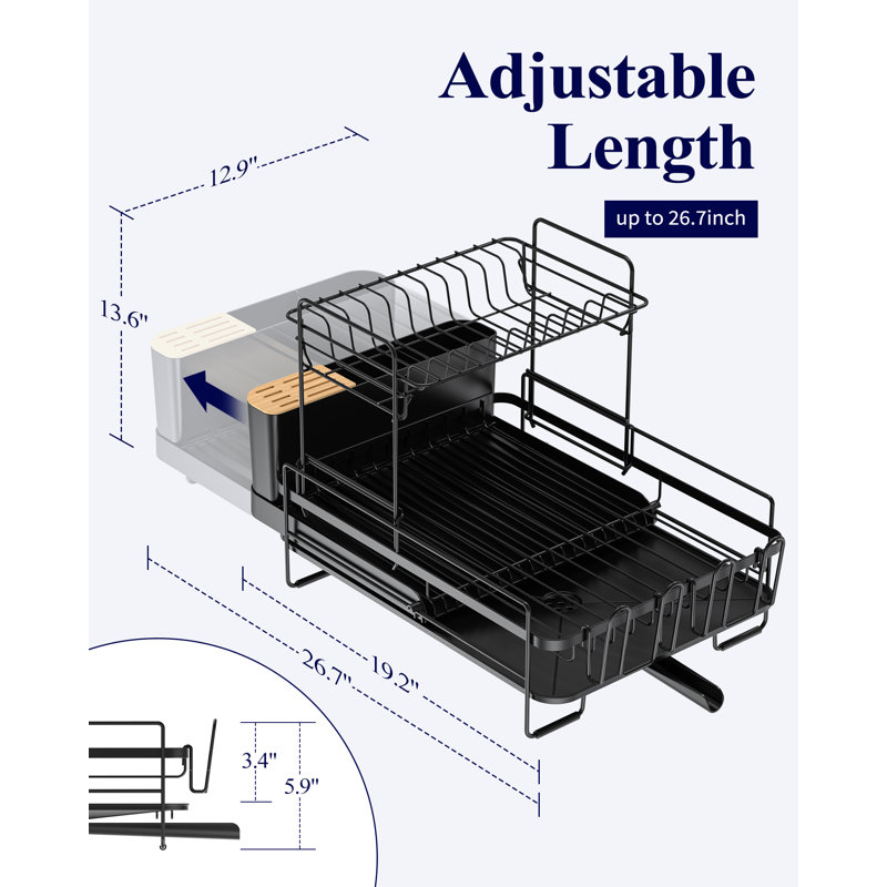 Large Dish Drying Rack - Extendable Dish Rack, Multifunctional Dish Rack for Kitchen Counter, Anti-Rust Dish Drainers with Cutlery & Cup Holders 19.2"-26.7" L x 12.9" W x 13.6" H, Black
