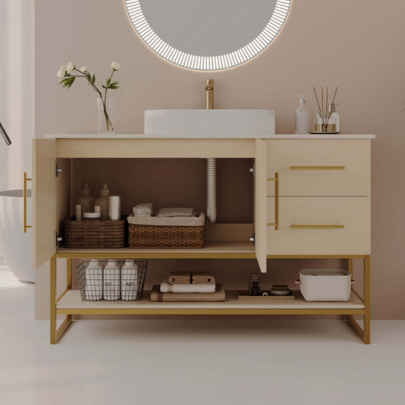 Meuble-lavabo moderne avec lavabo vasque en céramique, armoire autoportante dorée