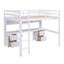 Lit mezzanine double avec bureau et station de charge - Grand lit simple blanc en bois massif avec tiroirs, armoires et tablettes de rangement pour chambre d'enfant