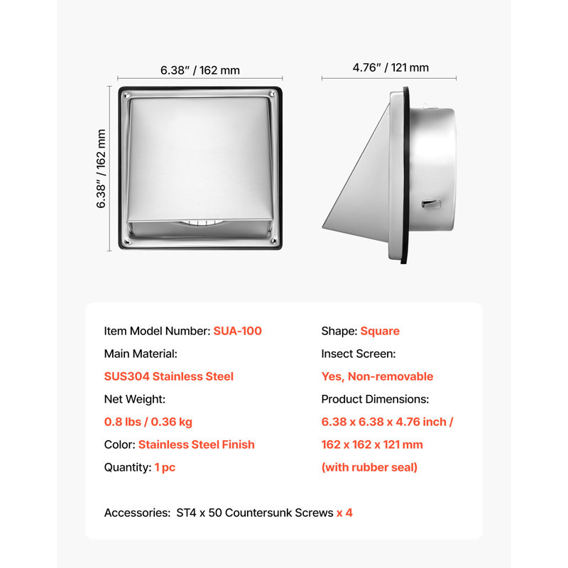 Couvercle de ventilation murale 4 po, H 6,38 po x l 6,38 po x P 4,76 po