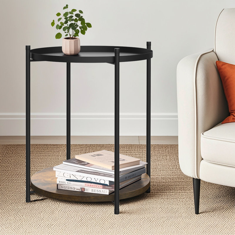 Round Black Metal End Table with Removable Tray