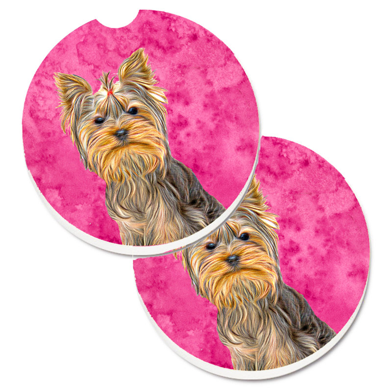 Ceramic Round 2 Piece Car Coaster Set, Yorkshire Terrier