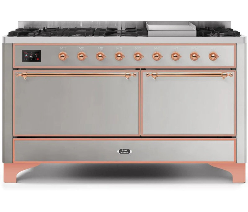 ILVE UM15FDQNS3BKCLP Majestic II 60 inch Dual Fuel Range with 9 Burners, Griddle (Liquid Propane, Solid Door, Glossy Black, Chrome)