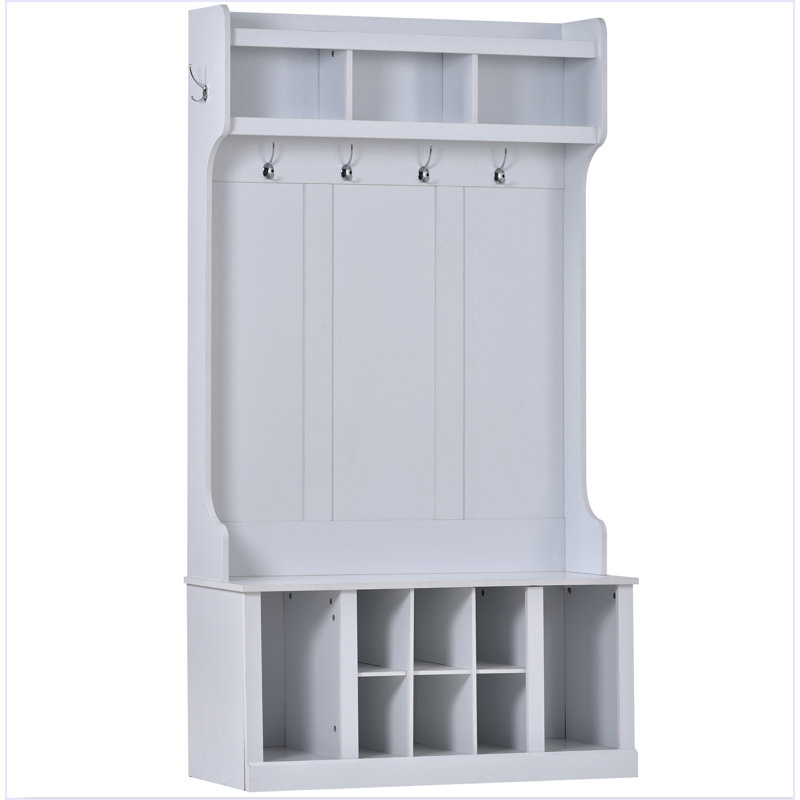 White Solid Wood Hall Tree with Storage and Hooks