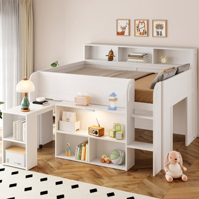 Full-Size Wood Loft Bed with Desk, LED, and Multiple Storage Shelves for Bedroom Organization, White