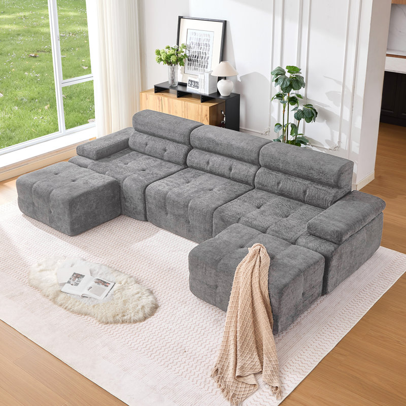 Boneless 134" W Modular U-Shaped Compression Sectional Sofa, Gray