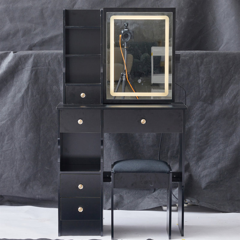Petit meuble-lavabo de 29,2 po avec tabouret de bureau et tabouret rembourré à gauche 29,5 po, grande commande tactile, interrupteur tricolore, miroir à luminosité réglable, rangement à grande capacité, convient aux petits espaces