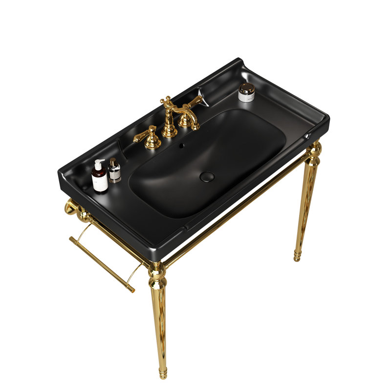 36" Console Bathroom Sink, Black Ceramic Vanity Basin With 3 Faucet Holes, Stainless Steel Standing Legs And Towel Bar, Materials Sturdiness For Bathroom, Rack, Charming Look