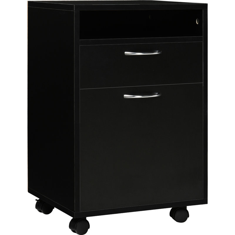 Armoire mobile noire pour rangement avec tiroir et armoire, support d'imprimante. Vaste ampleur disponible, se déplace en douceur, s'adapte à l'espace de bureau, à l'espace de rangement, librement, sous le bureau, solide