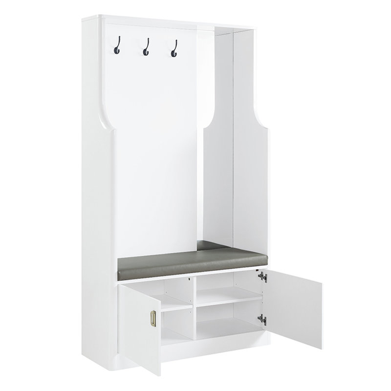 Porte-manteau blanc pour entrée avec siège rembourré, patères et miroir intégré
