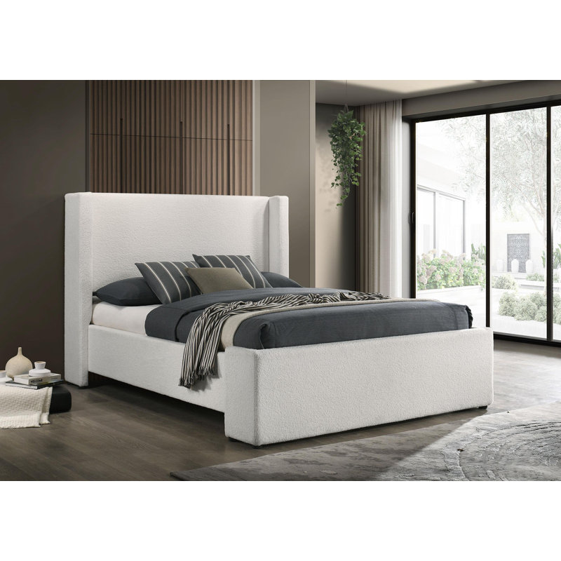 Boucle Upholstered Wingback Platform Bed, Queen, White