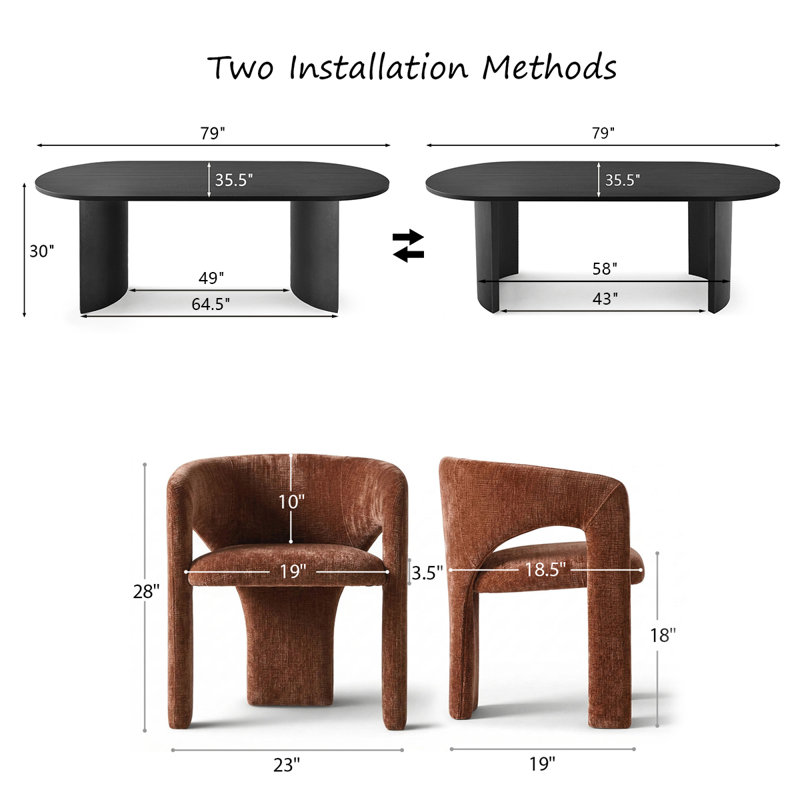 7 Piece Modern Dining Set With 79" Black Oval Pedestal Table & 6 Sculptural Wide-Seat Arm Chairs, Terra
