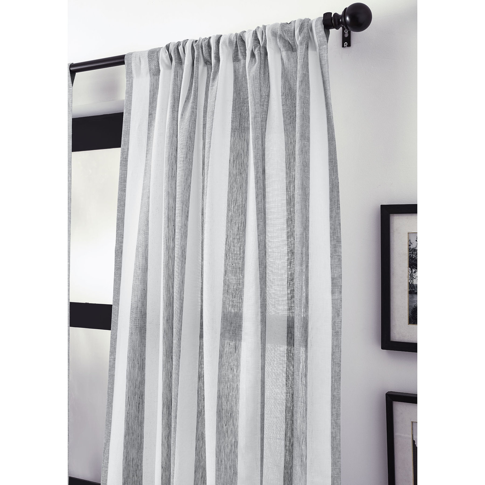 Striped Pure Linen Semi-Sheer Curtain Panel, Grey and White, 52" W x 84" L