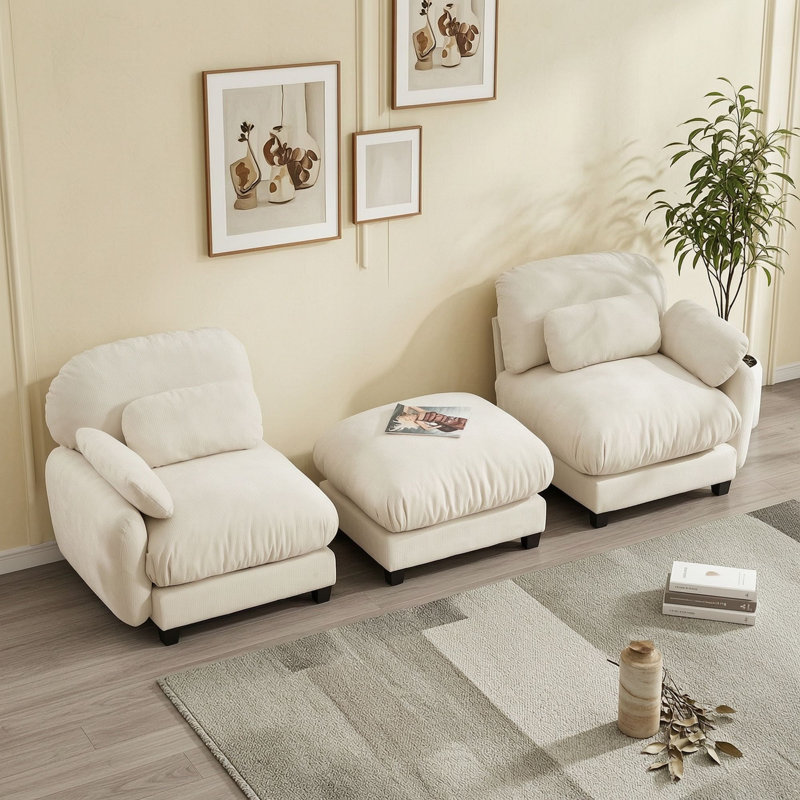 Canapé d'angle en chenille avec pouf amovible, Beige