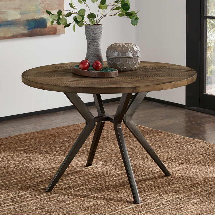 Etna Pine Round Solid Wood Top Metal Base Dining Table