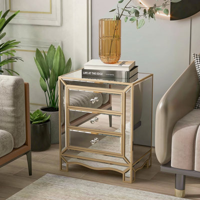 Armoire d'extraction à miroir à 3 tiroirs l 19,7 po x P 15 po x H 26 po Champagne, multifonctionnelle convenant aux couloirs, salons, coins, chambres à coucher, canapés