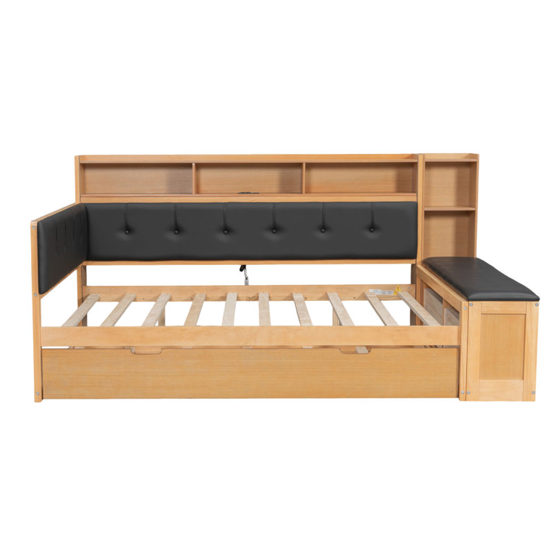 Full Size Wood Daybed with Trundle, Storage Shelves, Bench & Charging Station, Upholstered Headboard, Natural Color+Black Cushion