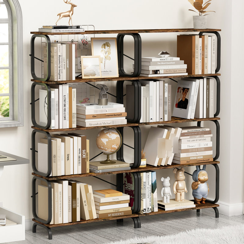 Bibliothèque rustique brune à 5 niveaux, industrielle rétro, structure en métal, H 61,76 po x l 62,32 po, Noir