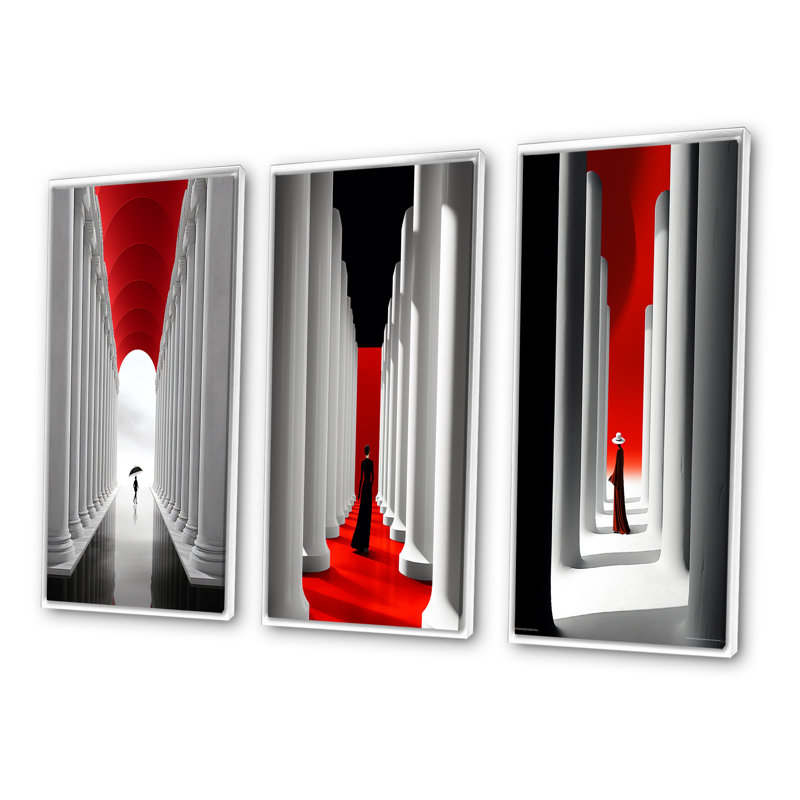 «Wandering On The Way Minimal Architecture I», 3 pièces sur toile, H 20 po x l 36 po, Cadre flottant blanc